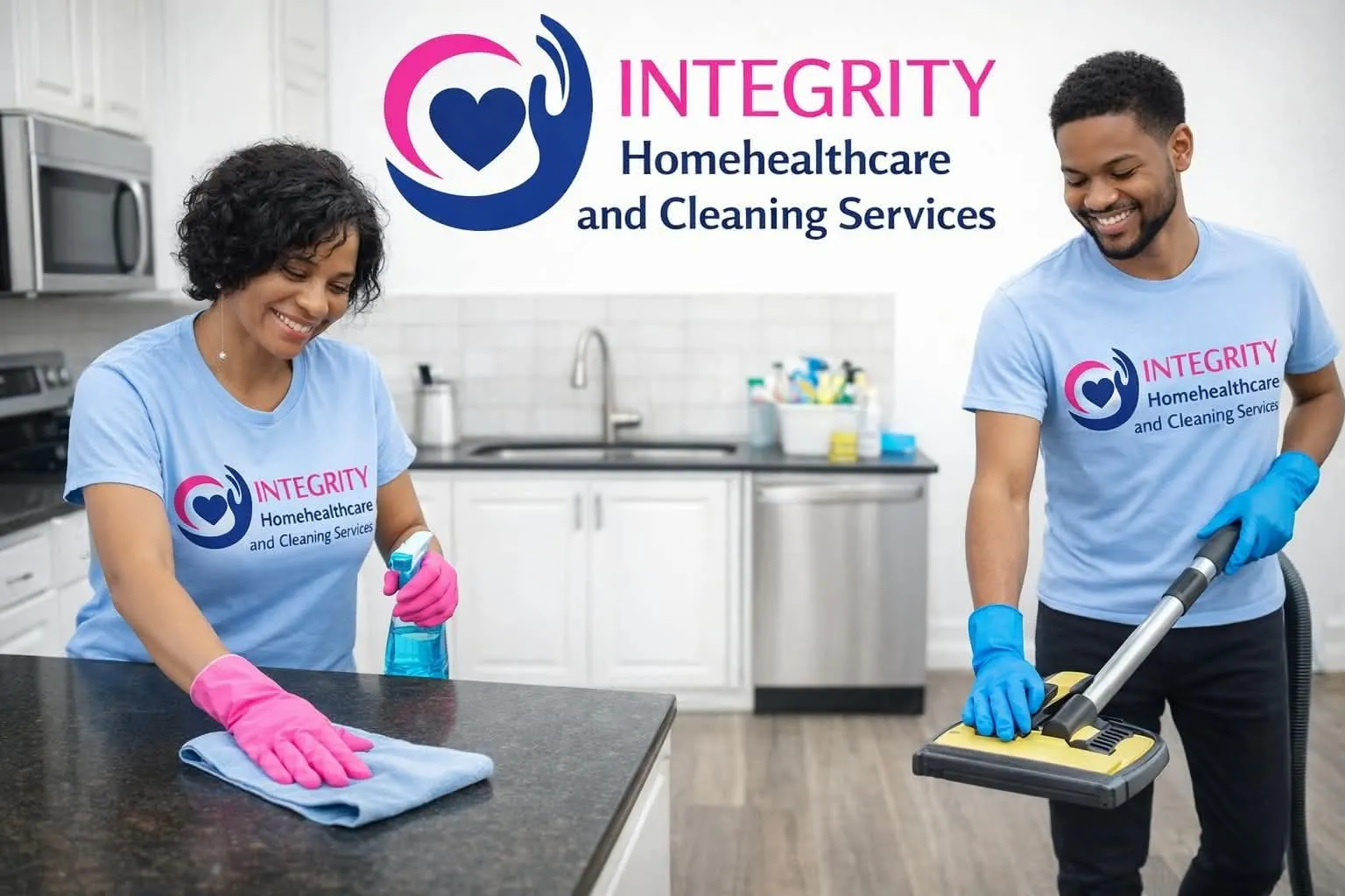 Cleaner wiping down a kitchen counter