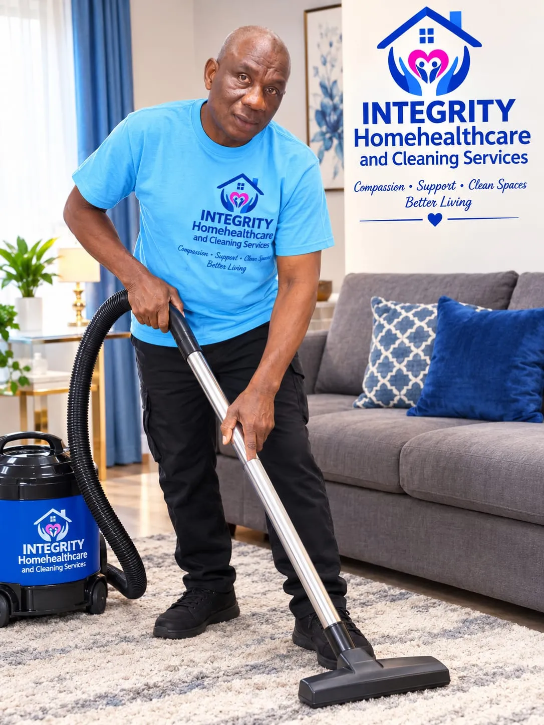 Cleaner tidying a living room